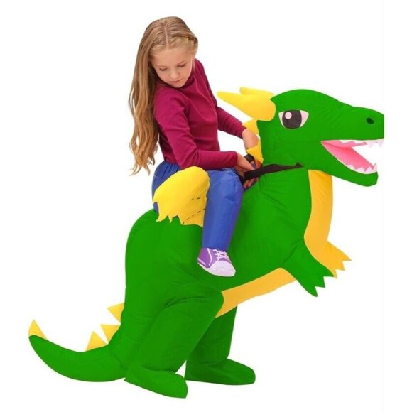 Kids Inflatable Dinosaur Costume Blow Up Green TRex Halloween Fits 50cm to 195cm - Picture 4 of 6